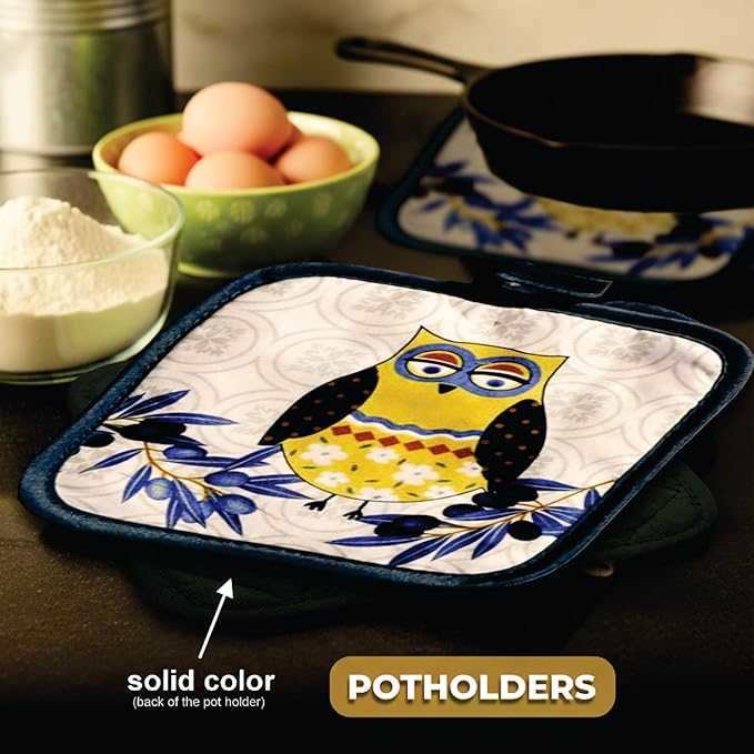 Lobyn Value Packs: Whimsical Blue Owl 5 Piece Kitchen Towel Set with 2 Decorative Dish Towels (25 X15), 1 Oven Mitt (11 X 7) and 2 Potholders (6.5 X 6.5)