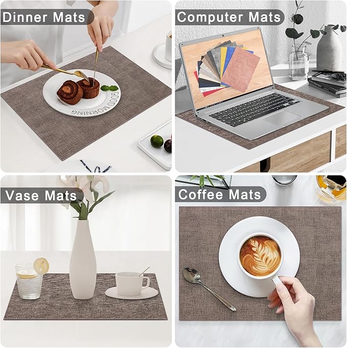 Homaxy Faux Leather Heat Resistant Placemats for Dining Table Set of 6, Waterproof Wipeable Washable PU Table Mats, Easy to Clean Anti-Slip Place Mats, 11.8" x 17", Dark Brown