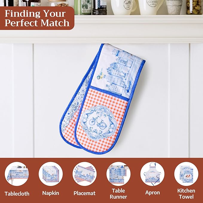 Maison d' Hermine Double Oven Mitts 100% Cotton 7"x35" Double Oven Mitt Heat Resistant BBQ Cooking Gloves with Loop Baking Grilling Gifts for Mothers Day Spring Summer (Amsterdam Canals)