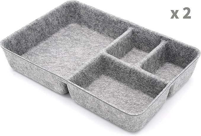 Welaxy Junk Drawer Organizer bin 4 Compartments Office Organizers Bins Felt Trays Drawers 2 dividers Multi-Purpose Storage (Grayx2)