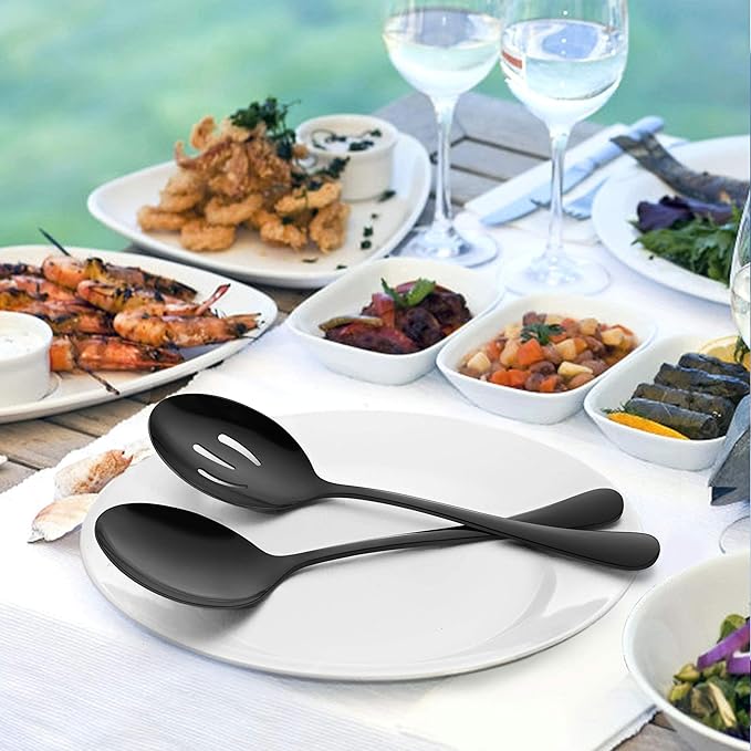 LIANYU 6-Piece Black Serving Spoons, Black Slotted Spoons, Stainless Steel Serving Utensils for Party Buffet Restaurant Banquet Dinner Catering, 8 3/4 Inch, Dishwasher Safe