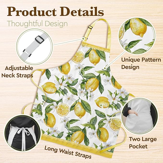 Cute Lemon Apron Gifts for Women, Fresh Citrus Kitchen Apron with Pockets Adjustable, Aesthetics Summer Cooking Baking Apron for Birthday Mother's Day, Lemon Lover Gift for Mom Wife Grandma