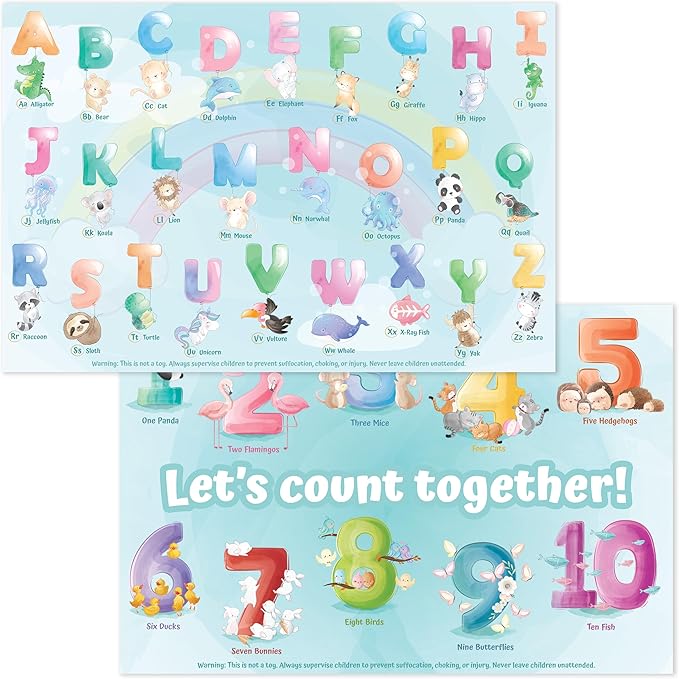 Bright Seed Disposable Placemats for Baby, Toddlers and Kids, 40 Disposable Baby Placemats for Restaurant, Dining Table & Travel, Learning Placemats for Kids, Toddler Travel, Animals ABC & Numbers