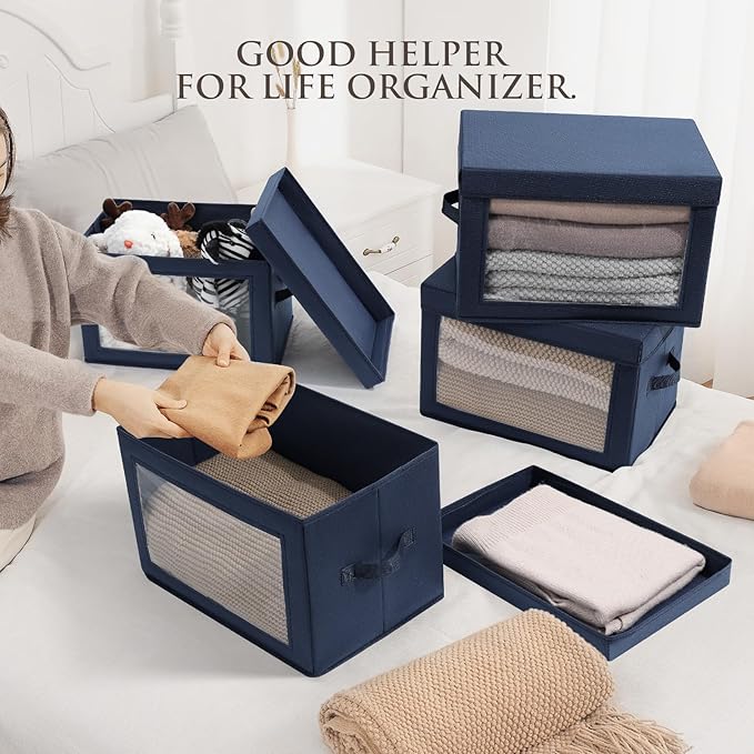 Homsorout Foldable Storage Boxes with Lids - Decorative Storage Boxes with Clear Window, Fabric Storage Baskets for Organizing, Closet Storage for Clothes, Yarn, Home, Navy Blue, 4-Pack