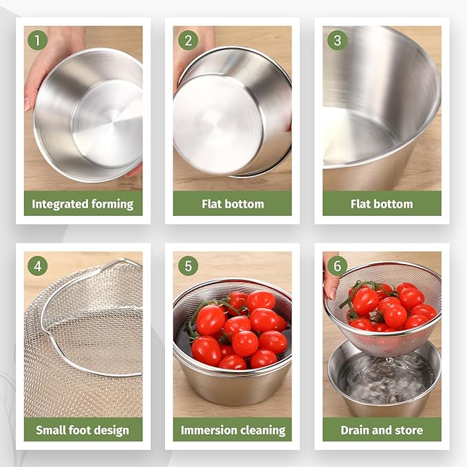 Baderke 2 Pcs Mini Colander & Food Strainer 304 Stainless Steel Small Mixing Colanders Bowl Rice Strainer for Kitchen Cooking Fruit Washing Vegetable(6.3 x 2.76 Inches,Silvery)