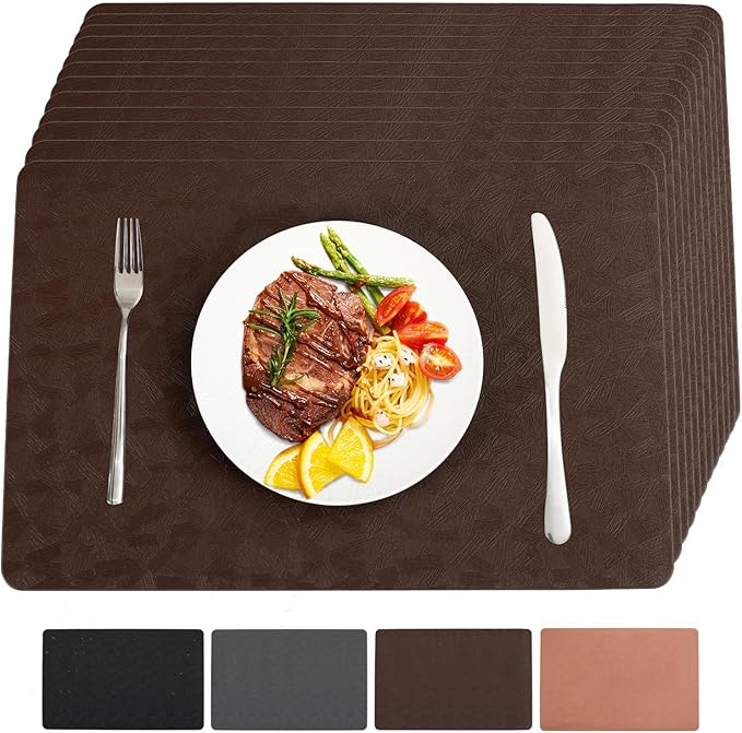 Vinyl Placemats Set of 12 Heat Resistant Easy Clean Non-Slip Place Mats for Dining Table Faux Leather Waterproof Stain Resistant Wipeable Washable PVC Table Mats(12, Brown)