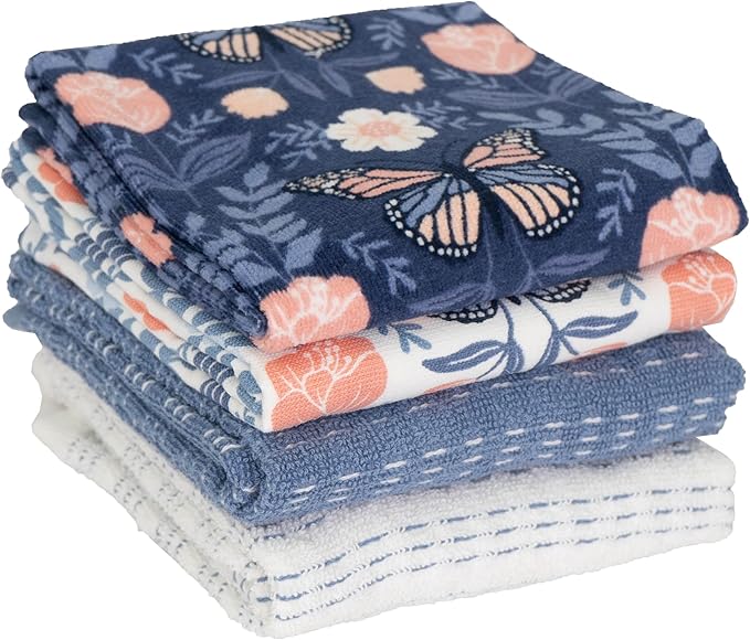 Ritz 100% Cotton Kitchen Towels, Butterfly Spring – 16"x26" – Absorbent Dish Towels for Drying & Cleaning – Soft & Durable (Set of 4)