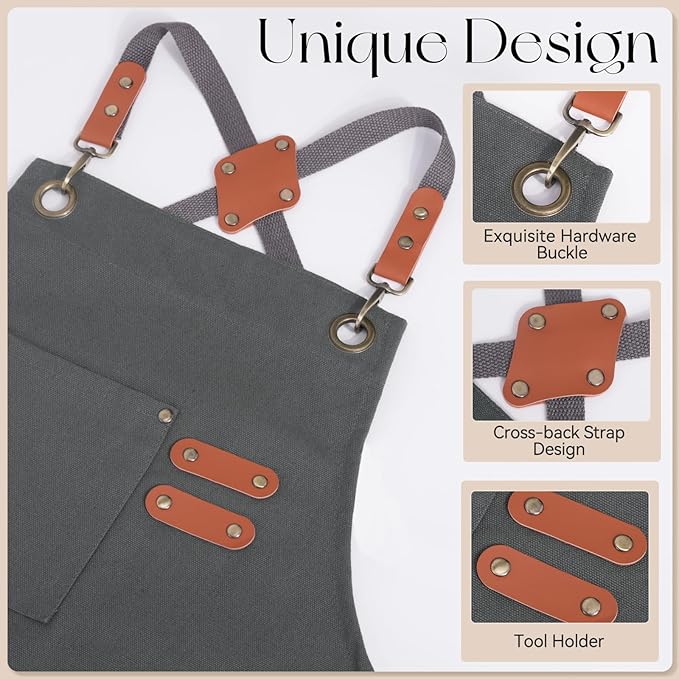 Chef Aprons for Men Women with Large Pockets, Cotton Canvas Water Repellent Kitchen Apron for Cooking