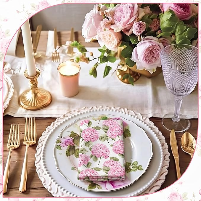 Floral Cloth Napkins 6 Patterns Washable Dinner Tea Party Napkins Reusable Plant Flowers Square Napkin Cotton Towel Decorative for Spring Wildflower Party(Bow Hydrangea,12 Pcs)