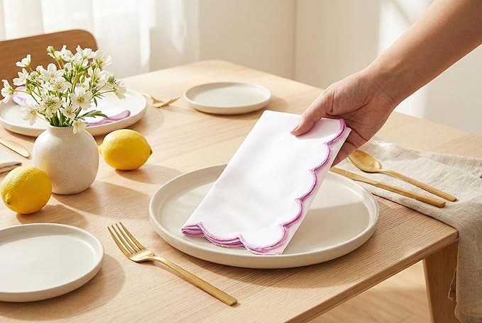 PurpleEssences Scalloped Embroidery Cloth Napkins - Spring Easter Summer - Table Decor - 100% Cotton - Set of 4-18x18 inch - White - Edges - Blush Pink