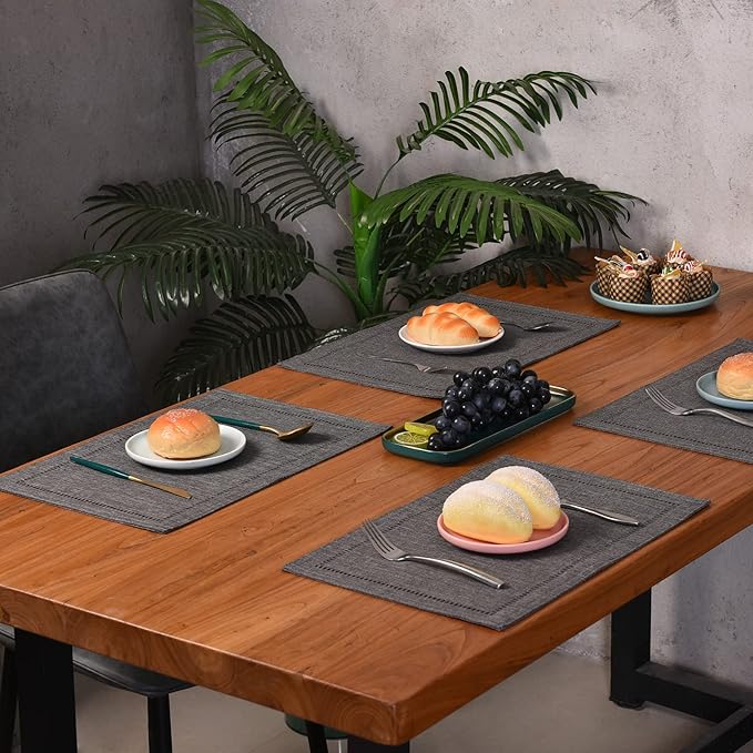Tosewever Set of 4 Decorative Linen Placemats 12 x 18 Inches, Farmhouse Style Table Mats for Everyday Dining Wedding Party Holiday Home Decor (4 Pieces 12 x 18”, Grey/Straight) (Pack of 2)