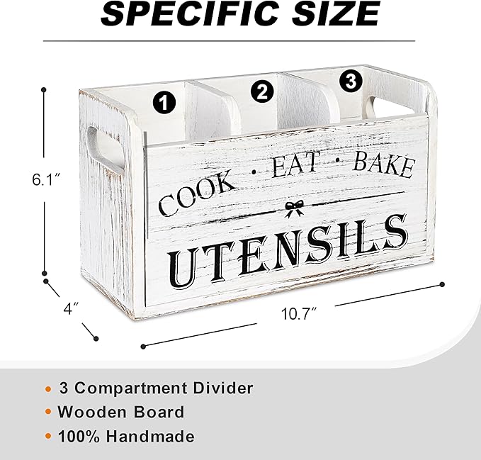 Wooden Kitchen Utensil Holder with 3 Compartments, Utensil Storage Organizer for Kitchen Counter, Farmhouse Decor & Rustic Cooking Tools Storage(White)