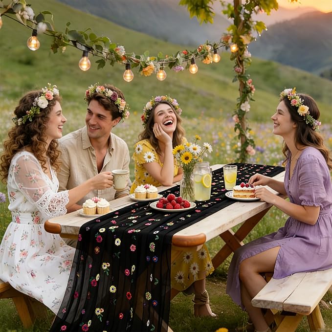 YATOJUZI Black Table Runner Embroidery Daisy Summer Floral Decorations Seasonal Tulle Dining Table Runners for Home Kitchen Decor Wedding Shower Party