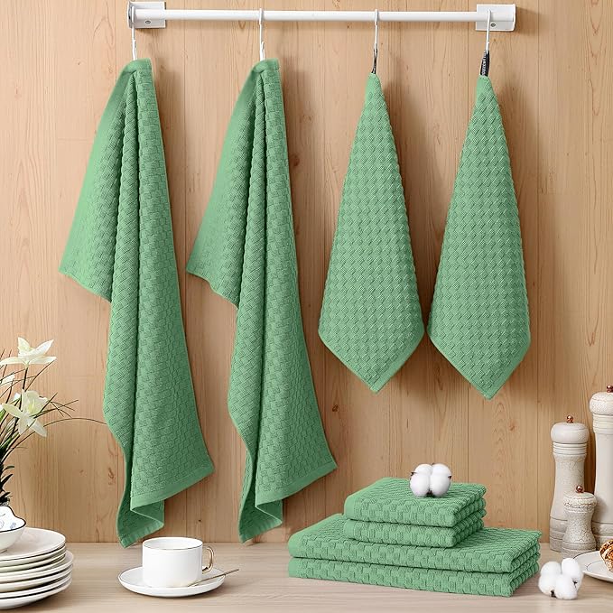 Homaxy 100% Cotton Kitchen Towels and Dishcloths Set, 12 x 12 & 15 x 25 Inches, Set of 8 Bulk Terry Cloth Dish Towels, Super Soft and Absorbent Hand Towel with Hanging Loop, Grass Green