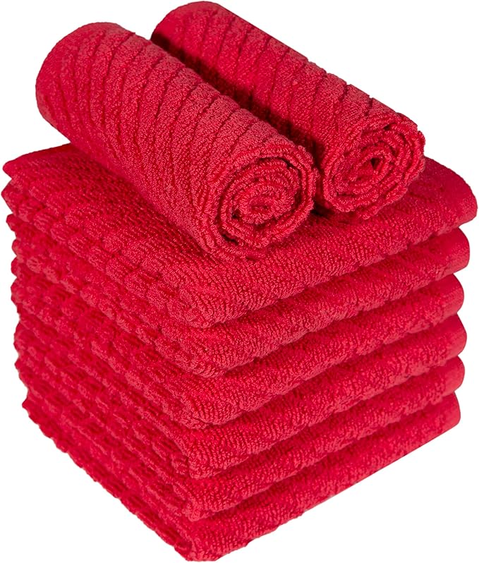 Bumble Towels Premium Kitchen Dish Cloths (12" x 12") | 8 Pack | Diagonal Deluxe Dish Cloth | High Absorbent Tea Towels Set | Red