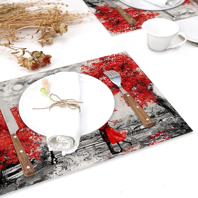 Placemats Set of 6,Vintage Eiffel Tower Linen Table Mats Heat Resistant Place Mats Washable Dining Table Mats for Indoor Outdoor Kitchen Decor Easy Clean 12 x 18 Inch