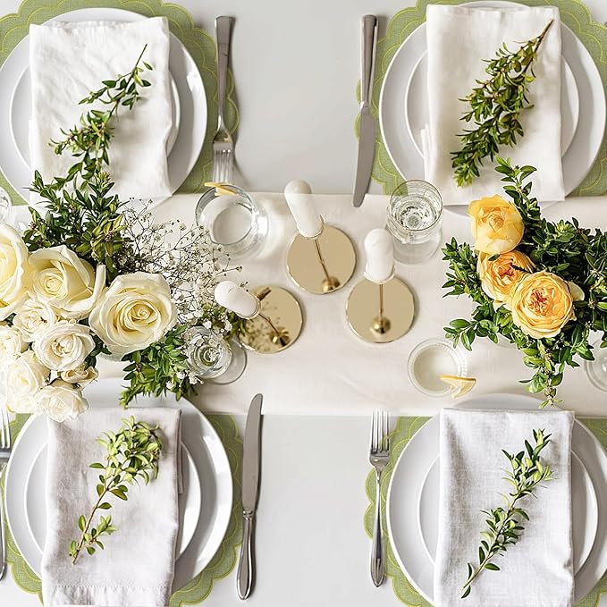 Set of 6 Cotton Linen Placemats, 15" Scalloped Flower Embroidery Cloth Table Mats Double Layered Fabric Machine Washable Wrinkle Free Dining Placemat for Hotel Restaurant Kitchen, Green