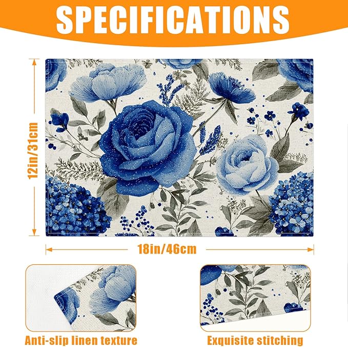 Blue Flowers Placemats Set of 6,12 x 18 Inch Table Mats Washable Heat Resistant Linen Fabric Rectangle Place Mat for Party Home Kitchen Dining