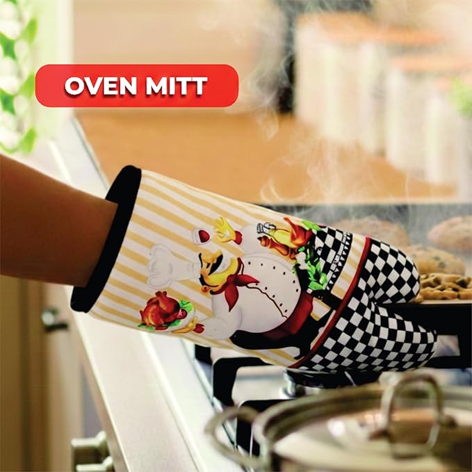 Lobyn Value Packs - Charming 5 Piece Kitchen Towel Set: Chubby Uniformed Chef Design, Includes 2 Decorative Dish Towels (25 X15) 1 Oven Mitt (11 X 7) and 2 Potholders (6.5 X 6.5)