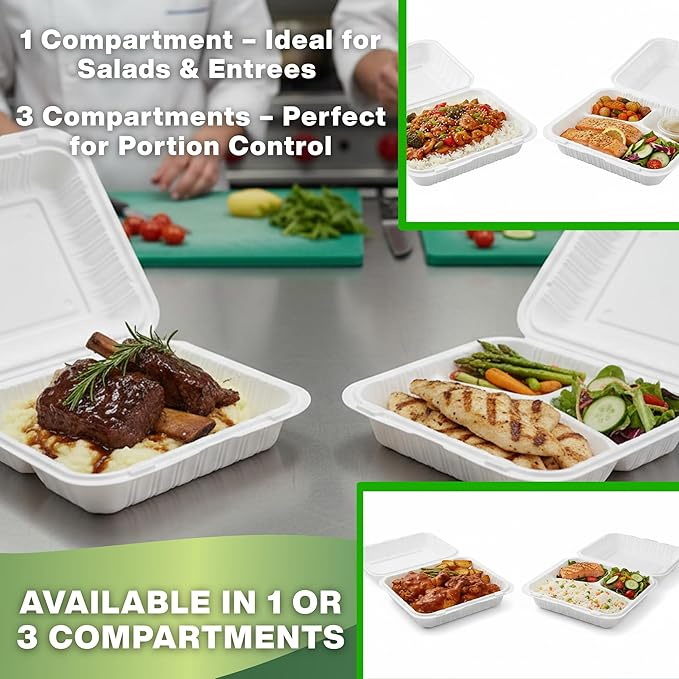 9x9 3-Compartment Hinged Vented Food Containers, 50 Pack – Clamshell Takeout Containers, Meal Prep Food Storage, 3 Compartment Food Containers, To Go Boxes & Cake Slice Box - White
