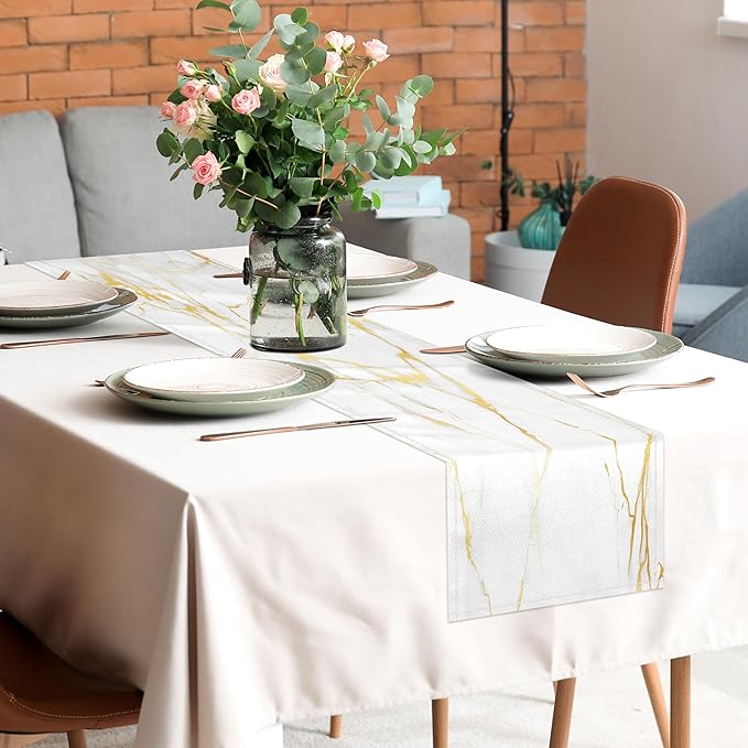 White Gold Table Runner Marble Linen Table Runners,Long Coffee Dresser Runners for Bedroom,Farmhouse Rustic Table Runner for Kitchen Dining Table Party (Marble, 13"x71")