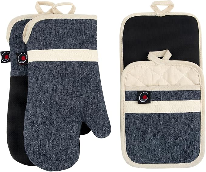 Oven Mitts and PotHolders Sets, 4 Pcs Kitchen Oven Glove High Heat Resistant 400°F Pot Holders for Kitchen, Non-Slip Neoprene Oven Mitts are Suitable for Cooking, Baking (Black)