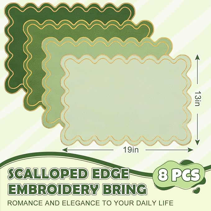Whaline Sage Green Linen Placemats Embroidered Scalloped Kitchen Place Mats for Spring Party Home Dining Table Decor, Set of 8, 13 x 19 in