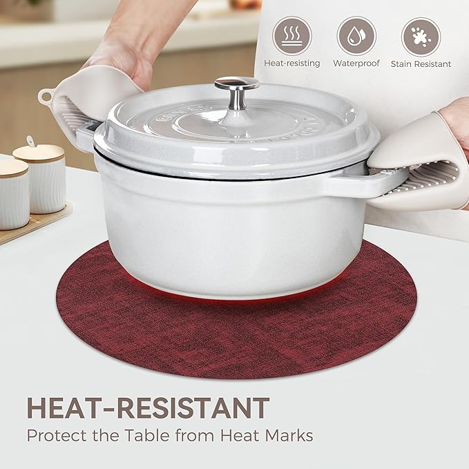 13"Round Placemats Set of 6, Reversible Faux Leather Heat Resistant Table Mats, 100% Waterproof Oilproof Wipeable Table Protective Placemats for Vinyl, Washable for Indoor & Outdoor Use (6, burgundy)