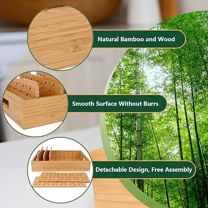 Bamboo Drawer & Counter Organizer Tray with Adjustable Dividers, Versatile Organizer for Bathroom, Kitchen, Desk & Kids' Items