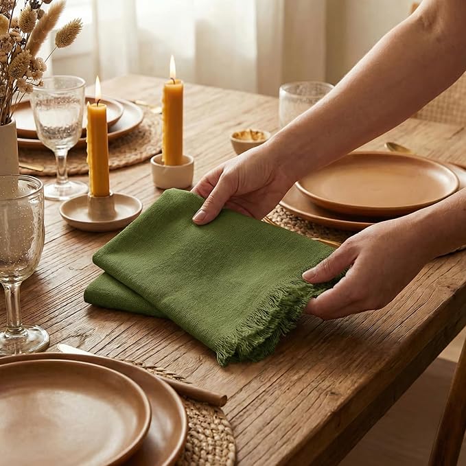 ACCENTHOME Olive Green Cotton Linen Napkin Set of 12 18x18 inch Dinner Napkins - Washable Soft Premium Hotel Quality Reusable Hemmed Edges Napkins Perfect Table Linens for Family Dinners, Weddings