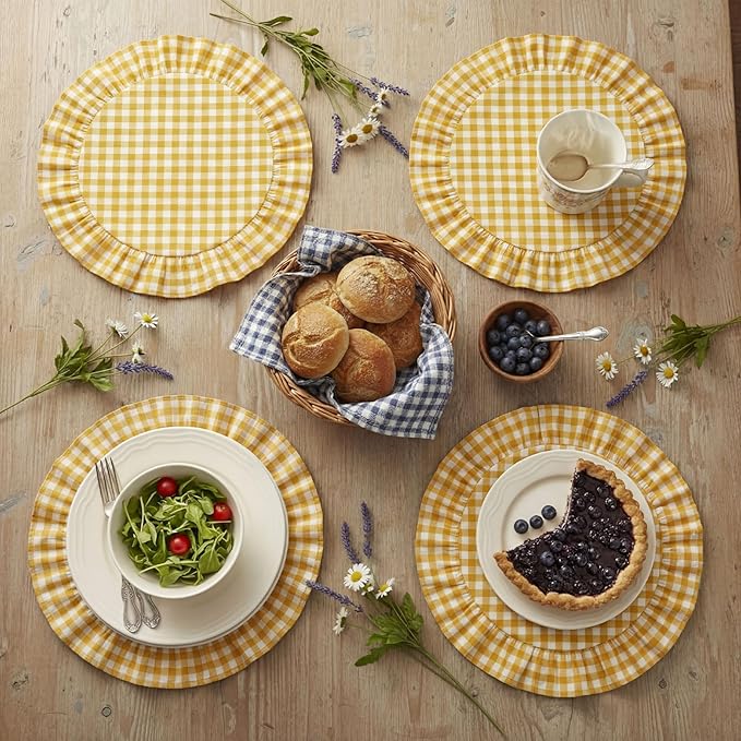4 Pcs 15 Inch 100% Cotton Scalloped Round Placemats, Thin Yellow Gingham Place Mats with Ruffle, Washable Placemats Table Mats for Kitchen Dining Holiday Gatherings Decor