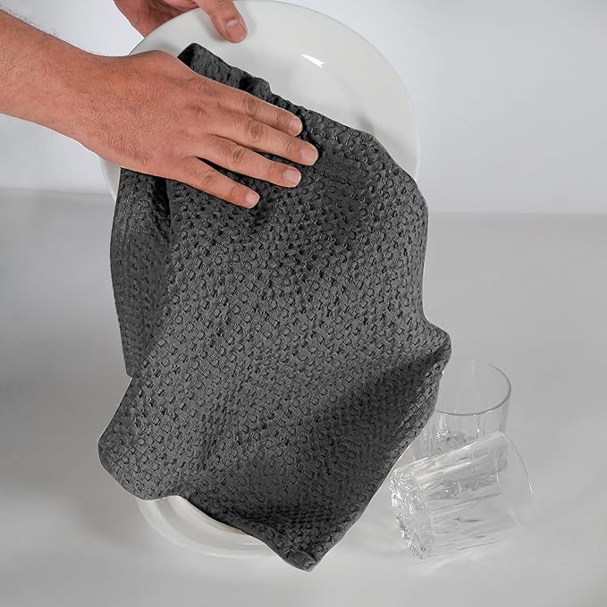 Native Fab Set of 4 Premium Waffle Dish Towels 16x26 inches - Soft Absorbent - 100% Cotton Kitchen Towels for Quick Drying Dishes, Reusable Cleaning Cloths, Grey