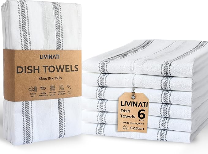 Bulk Kitchen Towels Cotton for Chefs in Commercial Restaurants - 15"X25" - 6 Pack - White Linen Tea Dish Towels - Lint Free Soft Absorbent Side Gray Striped Herringbone Weave Towles
