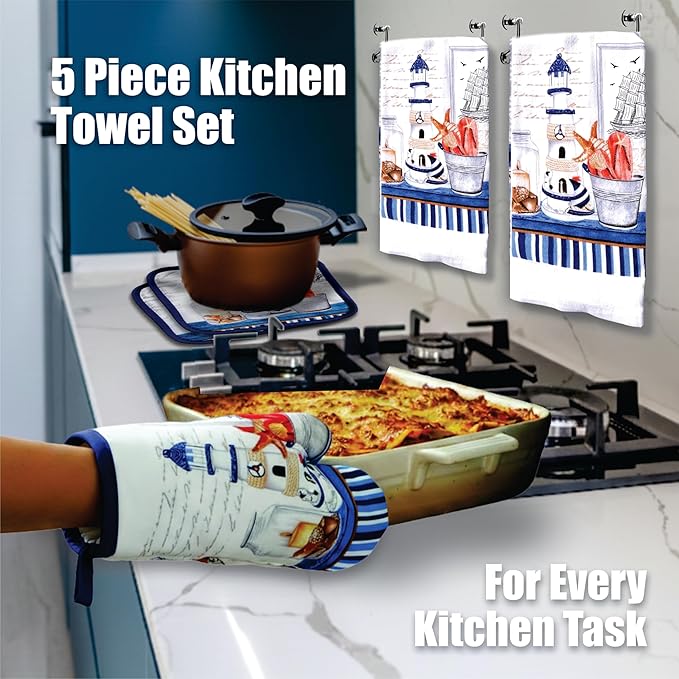 Lobyn Value Packs Nautical Lighthouse 5 Piece Kitchen Towel Set with 2 Decorative Dish Towels (25 X15), 1 Oven Mitt (11 X 7) and 2 Potholders (6.5 X 6.5) Coastal Blue Kitchen Accessories