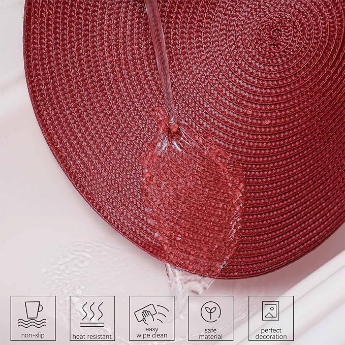 AHHFSMEI Round Placemats Set of 8 Heat Resistant Washable Non-Slip Woven Braided Table Mats for Dining Table Kitchen & Home Decor (Burgendy Red,8)