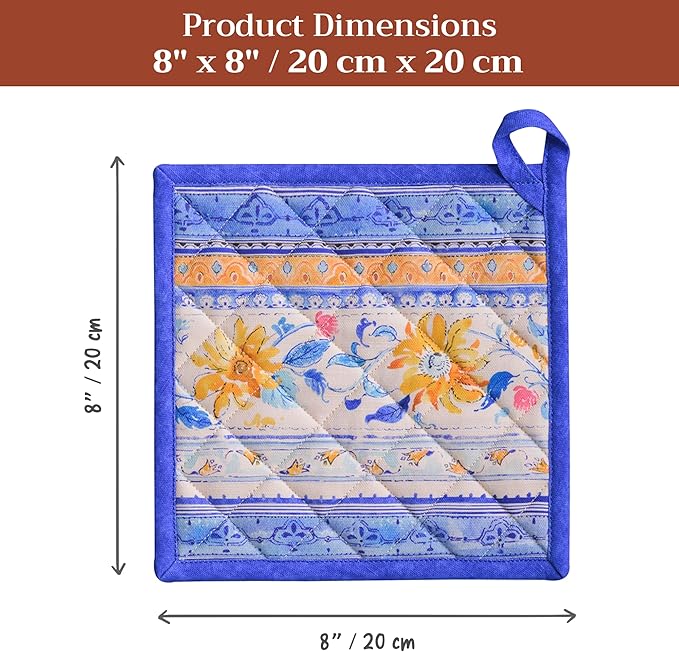 Maison d' Hermine Pot Holders 100% Cotton Heat Resistant Potholders 8" x 8" Hot Pads with Loop BBQ Cooking Baking Gifts for Mothers Day Handling Hot Pans Spring/Summer (Pack of 2, Girassol)