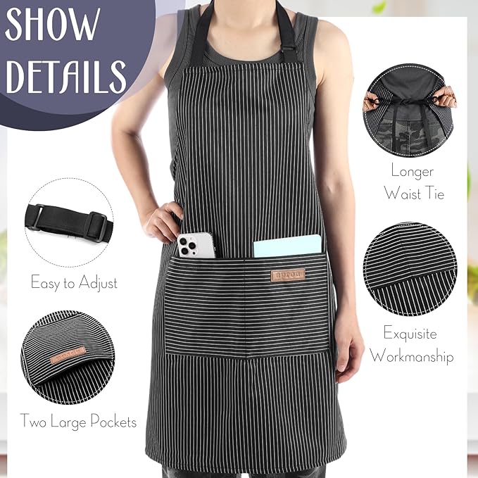 Handepo 12 Pcs Cotton Aprons for Women Men with Pockets Soft Adjustable Bib Stripe Aprons for Cooking Kitchen Chef