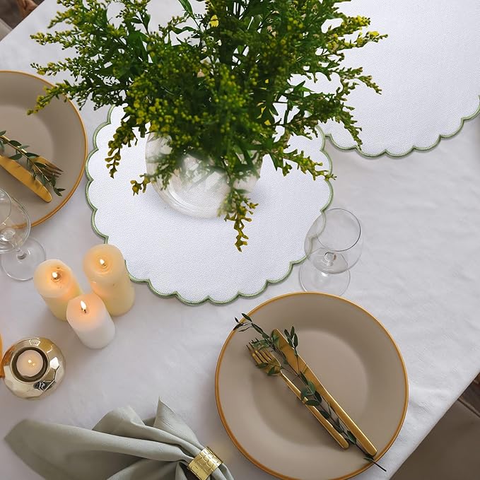 Set of 6 Round Placemats 15 Inch Cotton Scalloped Embroidery Placemat Washable Double Layered Rustic Dinner Table Mat Decor Fabric for Hotel Restaurant Kitchen(White/Green,Classic)