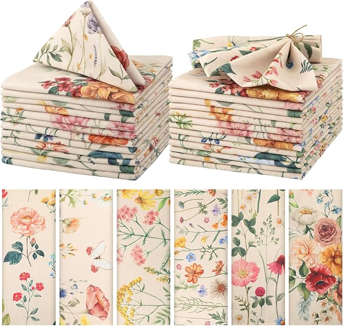 Funnymoom 24 Pcs Butterfly and Wild Flowers Cloth Napkins Floral Plants Reusable Napkins French Retro Toile Dinner Soft Absorbent for Summer Holiday Party