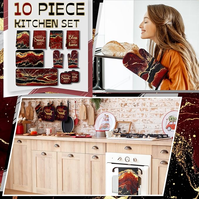 Fourluoo 10 Pcs Kitchen Dish Towels Rugs Oven Mitts and Pot Holders Kit Farmhouse Kitchen Decor Set Gloves Vintage Potholders for Baking Cooking Chef(Red,Modern)