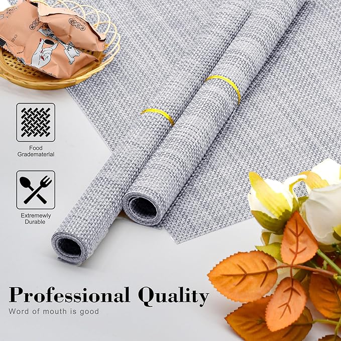 CADONO Placemats Set of 4 Washable Indoor/Outdoor Vinyl Place Mats for Dining Table Durable Non-Slip Heat Resistant PVC Weave Table Mats（Gray）