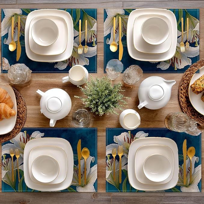 HOMETITUTE Dragonfly Linen Placemats Set of 4 12x18 inch Spring Table Mats for Dining Table Farmhouse Lily Art Decorations Kitchen Decor Desk Mat for Outdoor Home Party Kitchen Seasonal Dining Decor