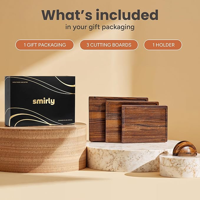 SMIRLY Walnut Wood Cutting Boards for Kitchen, Set of 3 with Holder Large - Small, Walnut Wooden Cutting Board Set with Deep Juice Grooves, Non Toxic Serving Tray, Perfect Mother's Day Gifts