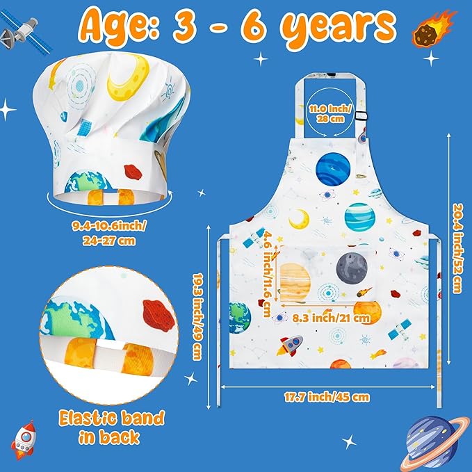 GROBRO7 4Pcs Kids Apron and Chef Hat Set Gift for Girls Boy, Space Theme Pattern Adjustable Kitchen Toddler Aprons with 2 Pockets Waterproof Chef Hats for Baking Cooking Painting Gardening Crafting