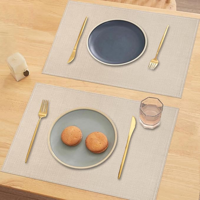 Niviy Beige Placemats Set of 6, 12x18 Inch Washable Easy to Clean Heat-Resistant Anti-Skid Beige Placemats for Holiday Party Kitchen Dining Room Decoration