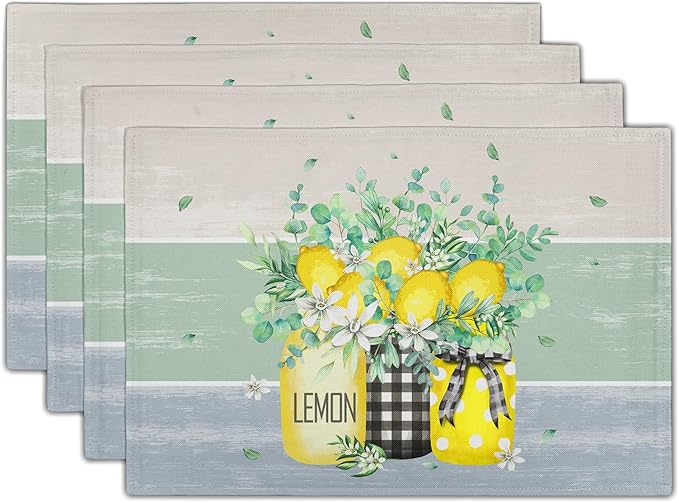 Lemon Floral Eucalyptus Vase Placemats Set of 4, 12 x 18 Inch Yellow Lemon Fruit Non-Slip Rectangle Place Mat Farmhouse Decoration for Spring Summer Seasonal Holiday Dining Table Mats