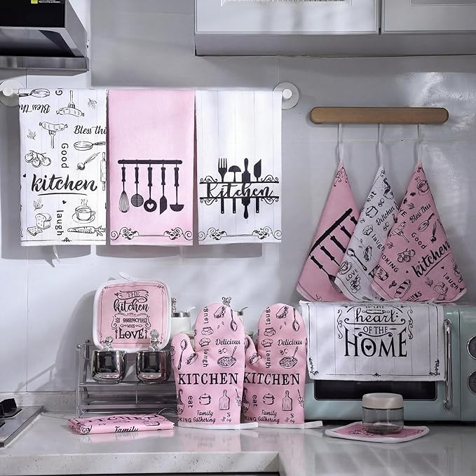 12 Pcs Farmhouse Pink Kitchen Decorations Sets 4 Pink and White Kitchen Towels 4 Absorbent Dishcloths 2 Pot Holders 2 Oven Mitts Gloves for Home Decorations Mom Gifts