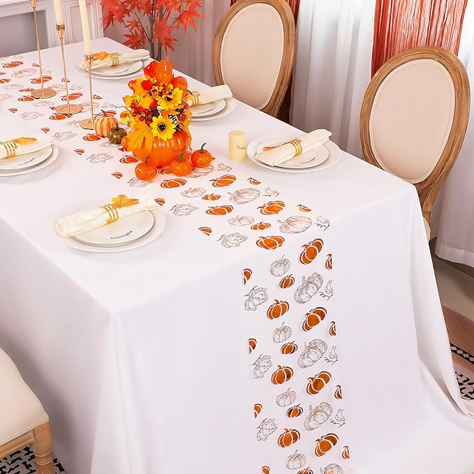 Snowkingdom Fall Orange Pumpkin Table Runner, Sequin Glitter Foil Metallic Thin Mesh Thanksgiving Runners 120", Orange Table Decorations for Seasonal Autumn Party
