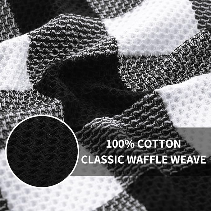 Homaxy Kitchen Towels and Dishcloths Set, 12 x 12 and 13 x 28 Inches, Set of 8 100% Cotton Waffle Weave Check Plaid Kitchen Dish Towels, Super Soft and Absorbent Dish Cloths, White & Black