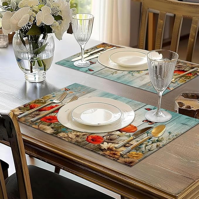 Poppy Butterfly Wood Grain Placemats Set of 6, Vintage Flower Washable Linen Place Mat Heat Resistant Non Slip Kitchen Dining Table Mats 12x18 Inch